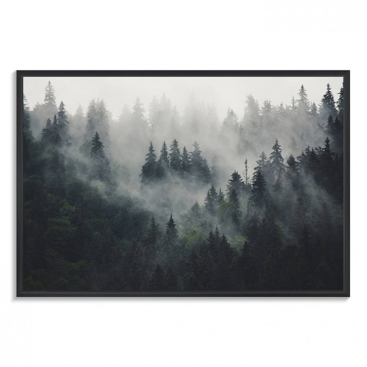 The Serene Triptych Print features tall evergreens, creating a mysterious and calming atmosphere.