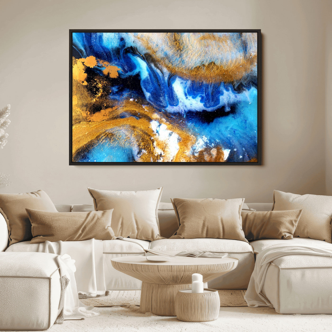 42100-MGV-CV-36X24-Blue Orange Marble Fluid Effect Canvas Wall Art Print
