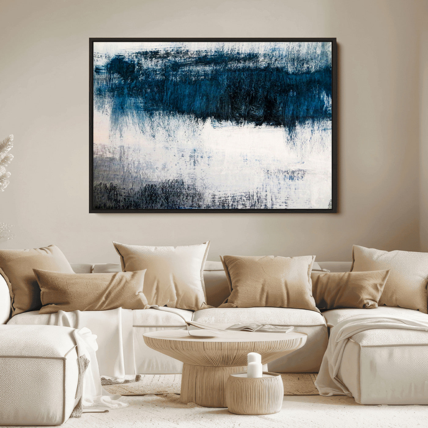 38954-MGV-CV-36X24-Abstract Blue and White Canvas Art | Large Wall Art for Modern Living Room Decor | Minimalist Brushstroke Painting on Canvas