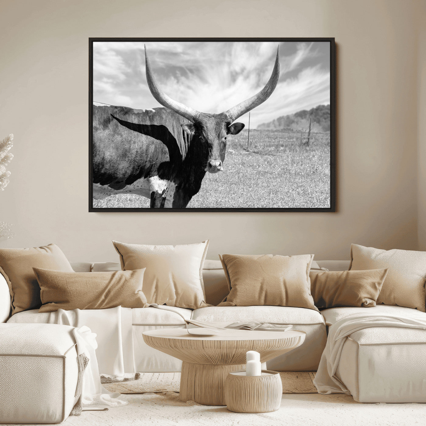 30017-MGV-FC-36X24_Black-Cattle Wall Art Longhorn Cow Canvas Print