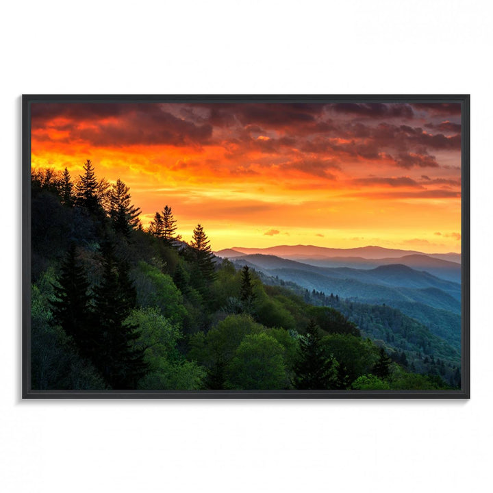 The Great Smoky Mountains Sunset Wall Art, a 3-panel print, beautifully captures natures beauty and is perfect for living room or office decor.