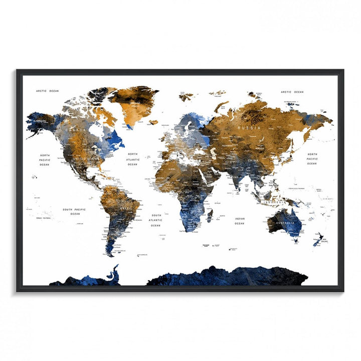 Modern Blue and Brown World Map Canvas Wall Art – Triptych Map Print – Global Decor for Living Room or Office – Ready to Hang
