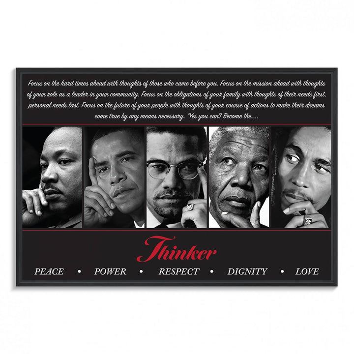 The Thinker Quintet Canvas Wall Art features portraits of Martin, Obama, Malcolm X, Mandela, and Marley, each representing virtues such as Peace and Power.