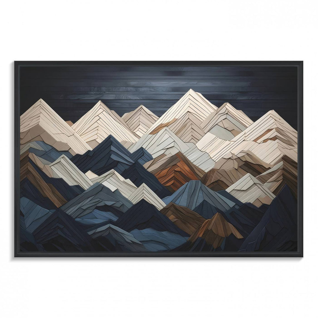 Abstract wood mountain range wall art in a 3-piece set featuring shades of blue, brown, and cream, ideal for modern rustic decor.