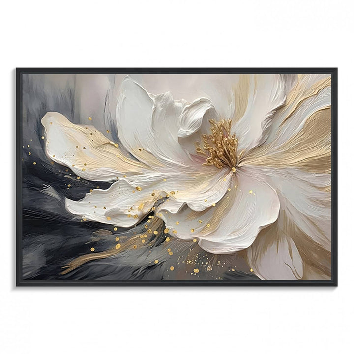 Elegant White and Gold Floral Triptych Canvas Art, a modern textured flower painting for home or office decor, features a blurred gray background.