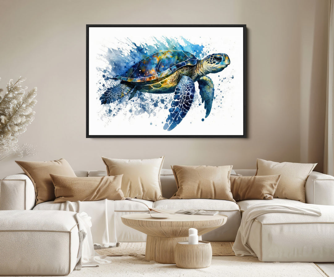 The Turtle Wall Art Print, featuring blue splashes, beautifully showcases Ocean Life.