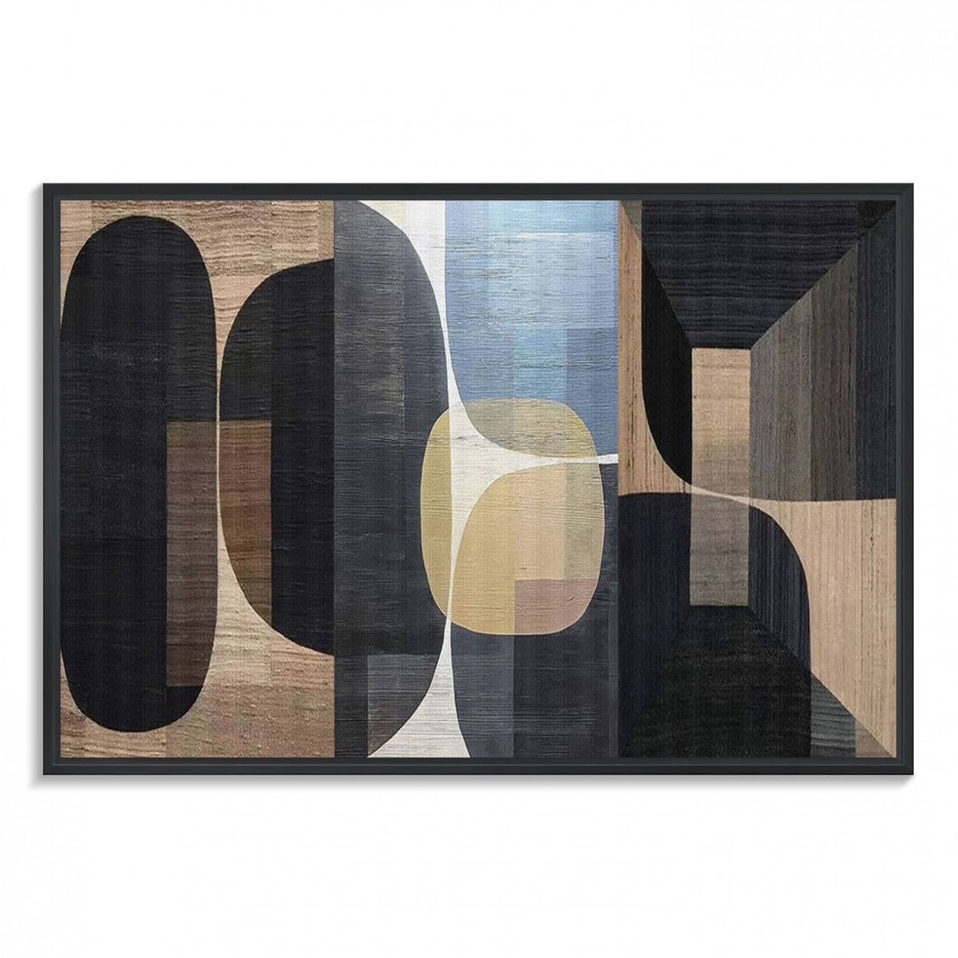 Abstract geometric wall art featuring black, gray, beige, and blue tones framed in a wooden border.