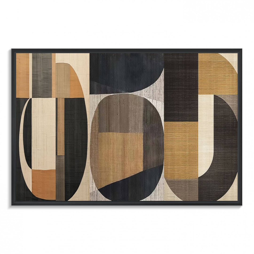 Framed Wabi Sabi Art Print: A modern minimalist geometric canvas featuring earthy tones and overlapping rounded shapes. Ready to hang.