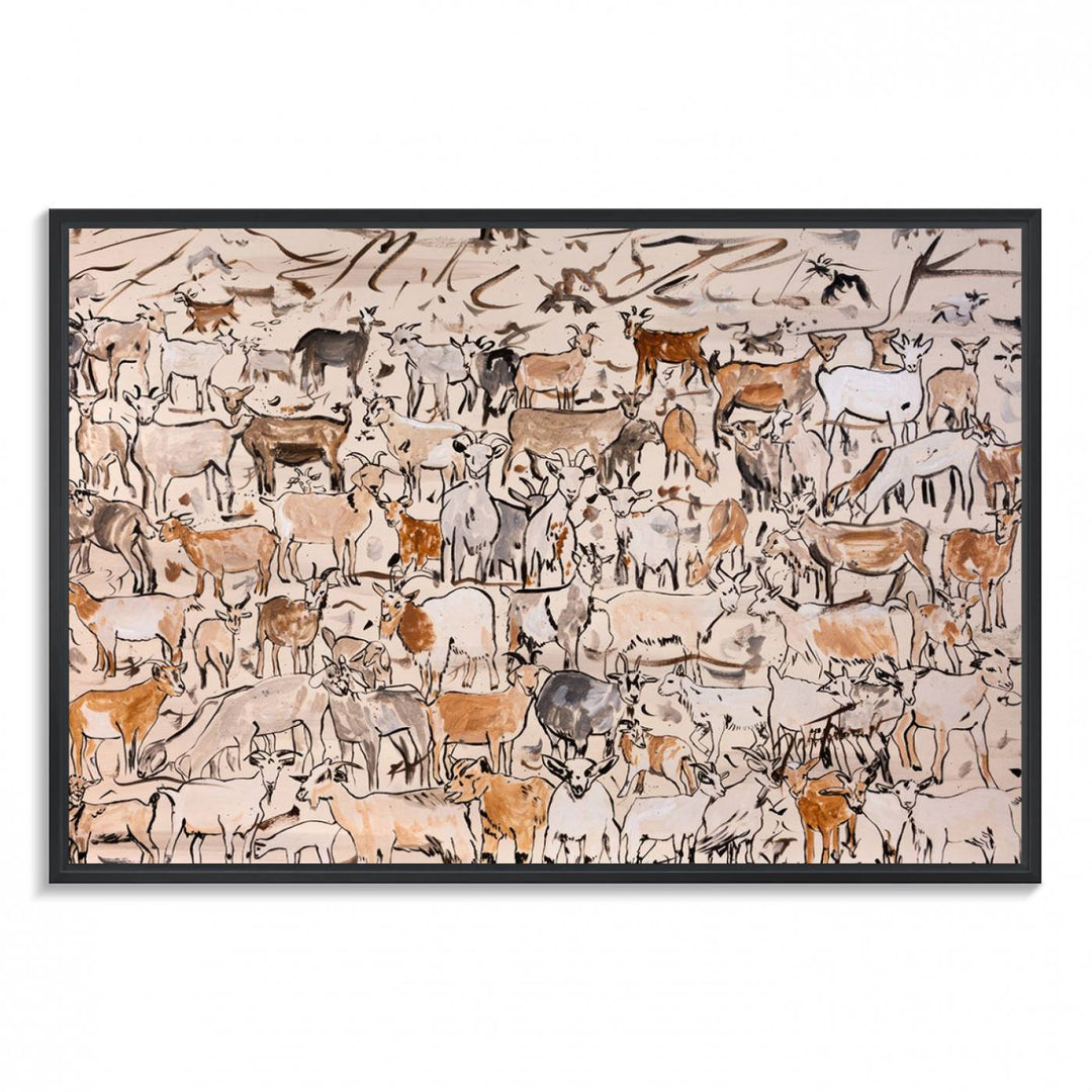 Framed Goat Herd Wall Art in minimal brush strokes on a beige backdrop, ideal for farmhouse or cabin decor.