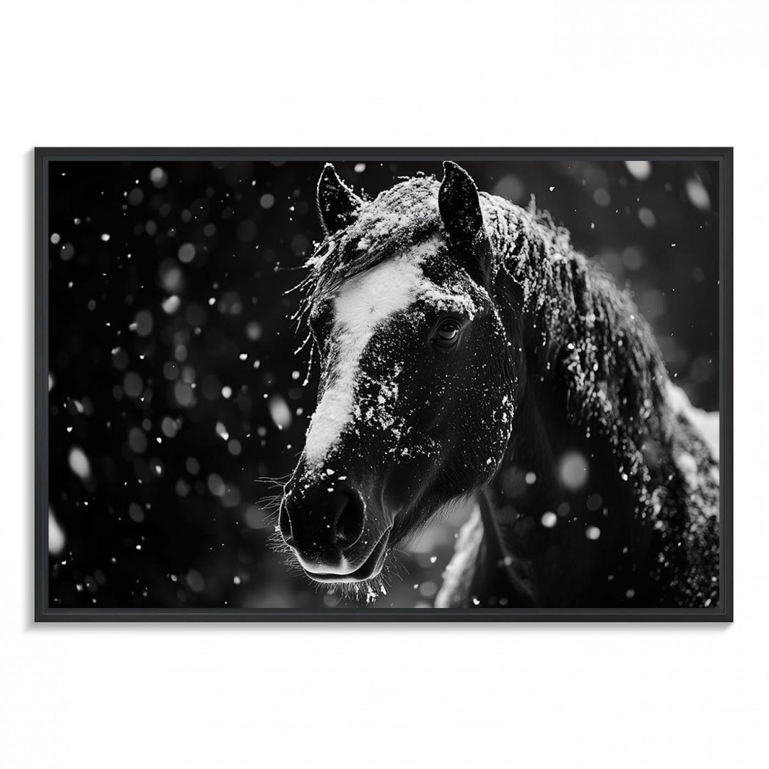 The Winter Horse Wall Art showcases a gentle horse print with snowflakes, ideal for rustic farmhouse or cabin decor.