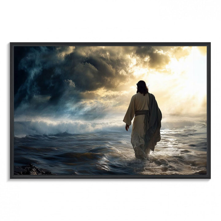 A dramatic sky serves as the backdrop for the Jesus Walking on Water wall art, a perfect piece for Christian home decor.