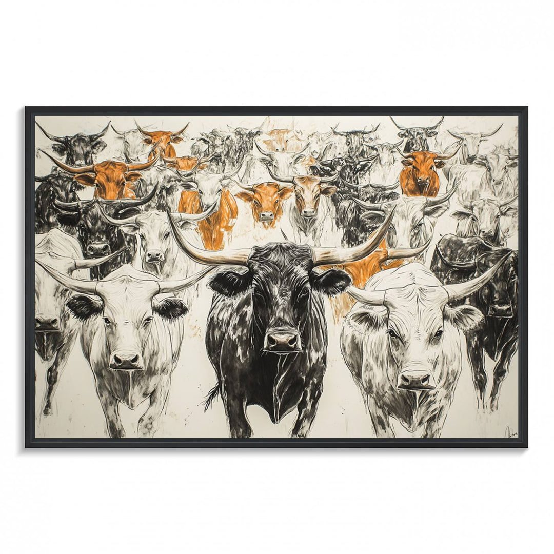 Texas Longhorn Wall Art canvas features cattle artwork with an abstract design, perfect for farmhouse decor on a porch.