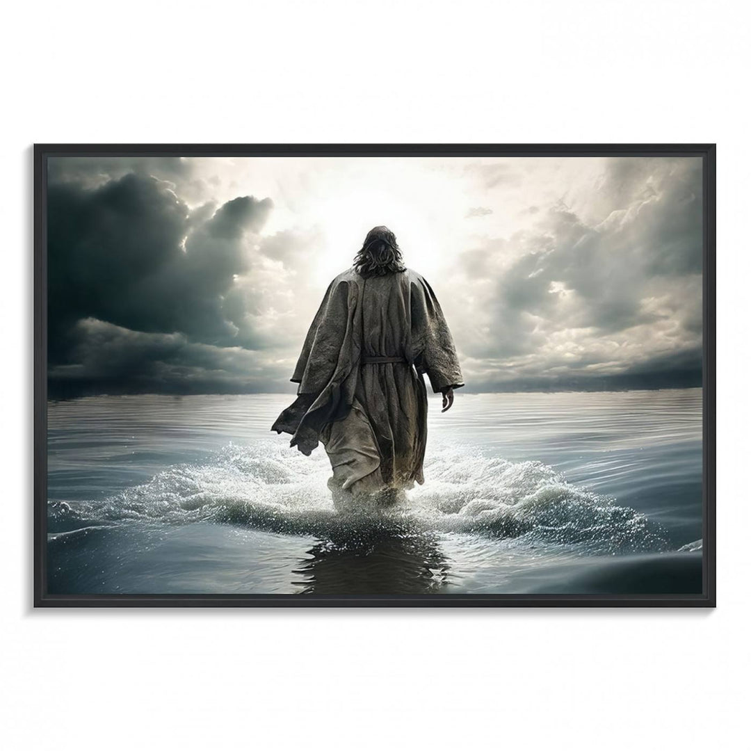 A canvas wall art depicting a figure walking on water beneath dramatic clouds, designed as inspirational religious imagery and ready to hang.