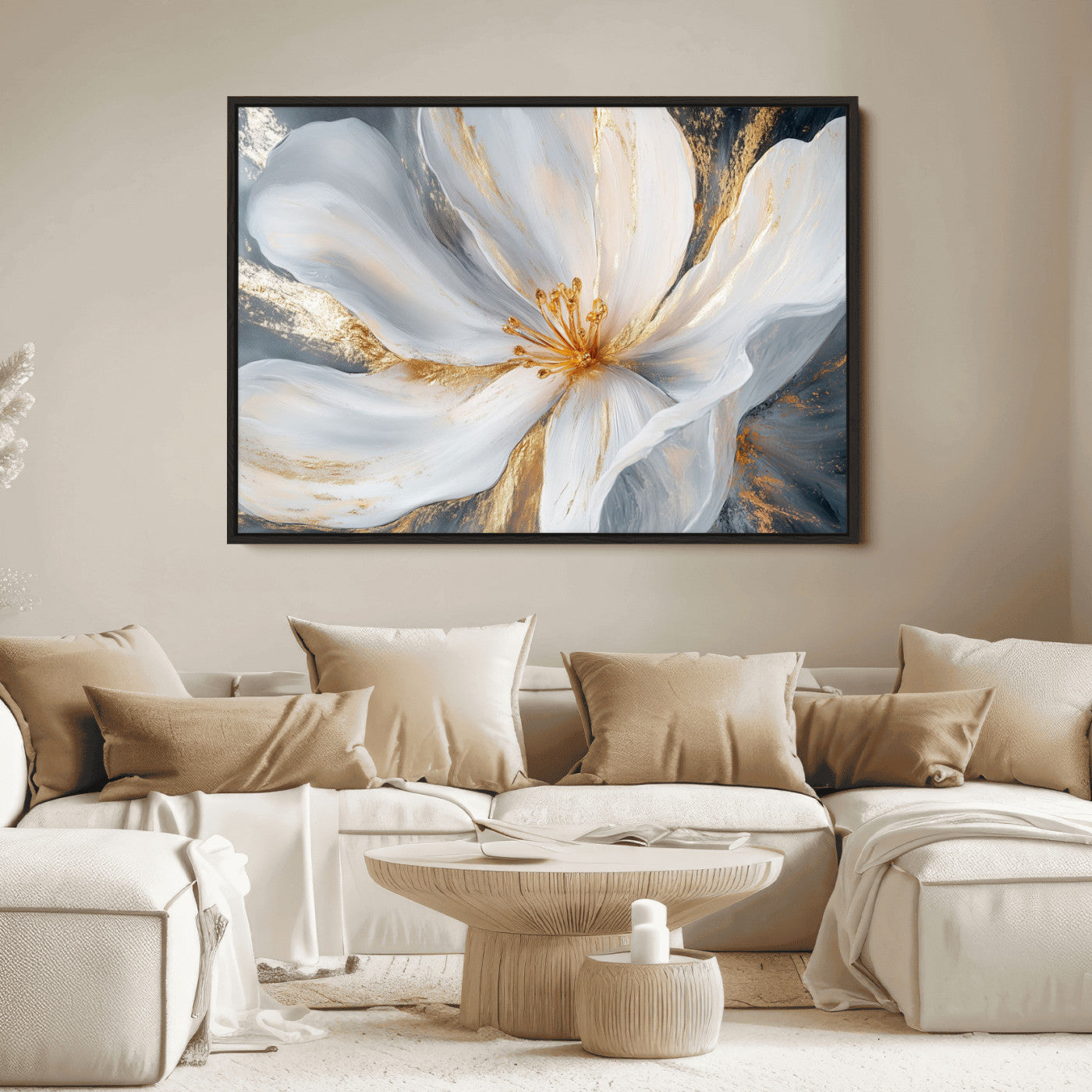 83149-MGV-FC-36X24_Black-White and Gold Floral Canvas Wall Art - Framed and Ready to Hang - Perfect for Modern Living Rooms