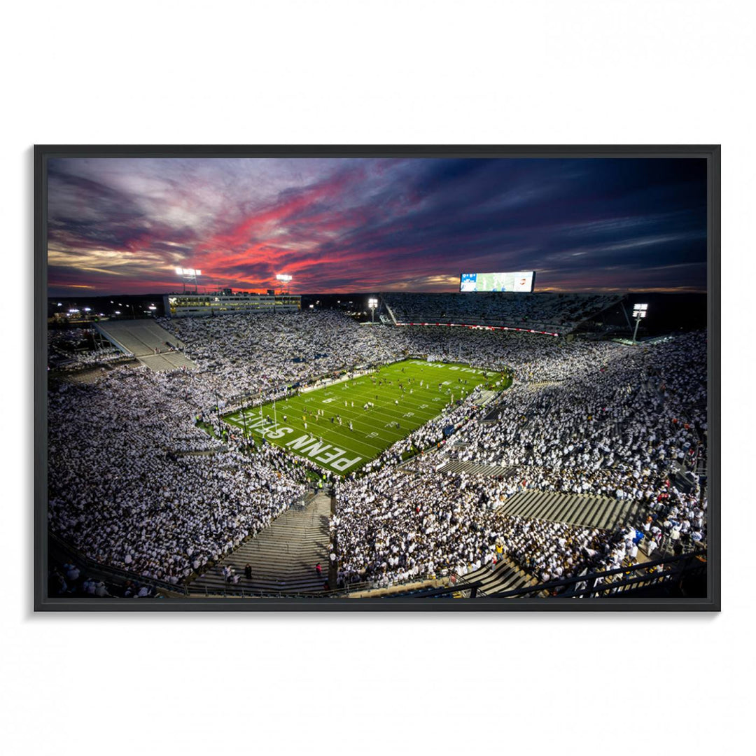 A sunset print on a canvas wall art piece captures the scene of white-clad fans at Beaver Stadium for the Nittany Lions game.