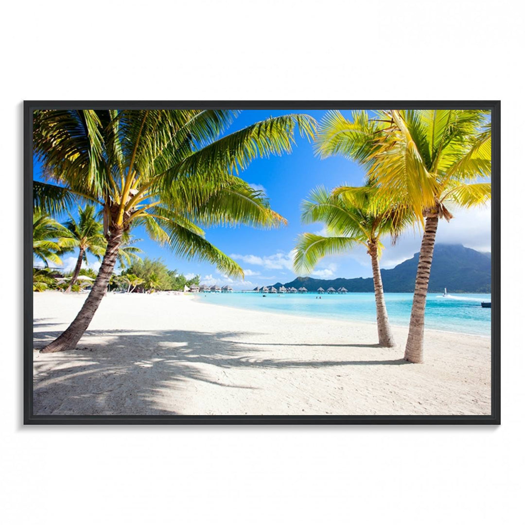 Blue Beach and Sea Wall Art Canvas Print: showcases a tropical scene with palm trees, white sand, and turquoise water.