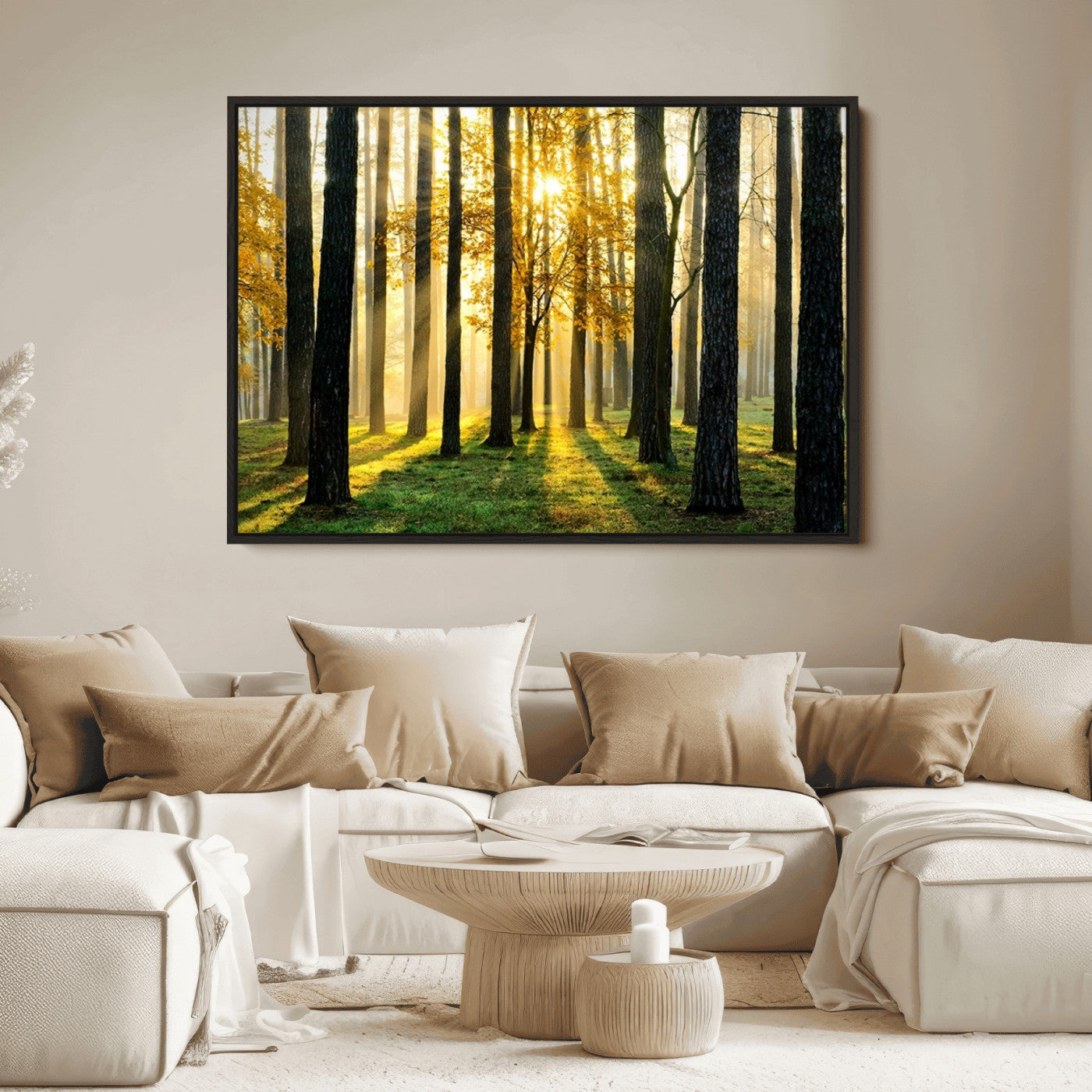 60024-MGV-FC-36X24_Black-Sunlit Forest Wall Art Canvas Print - Large Framed Woodland Wall Art for Home or Office Decor, Rustic Nature Scene with Golden Light
