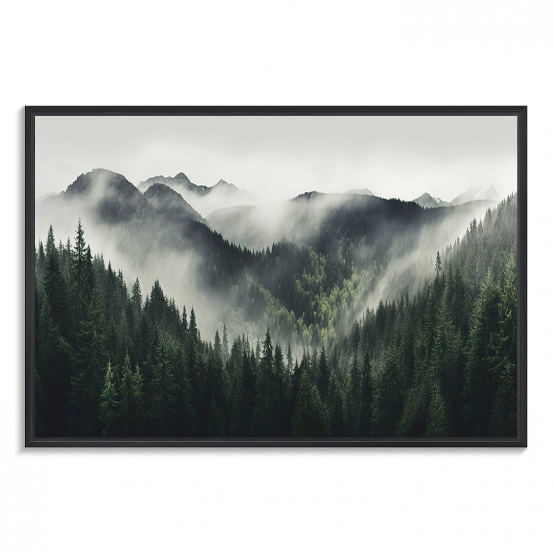 The Misty Forest Canvas Print Wall Art captures a serene misty forest scene with fog and mountains.