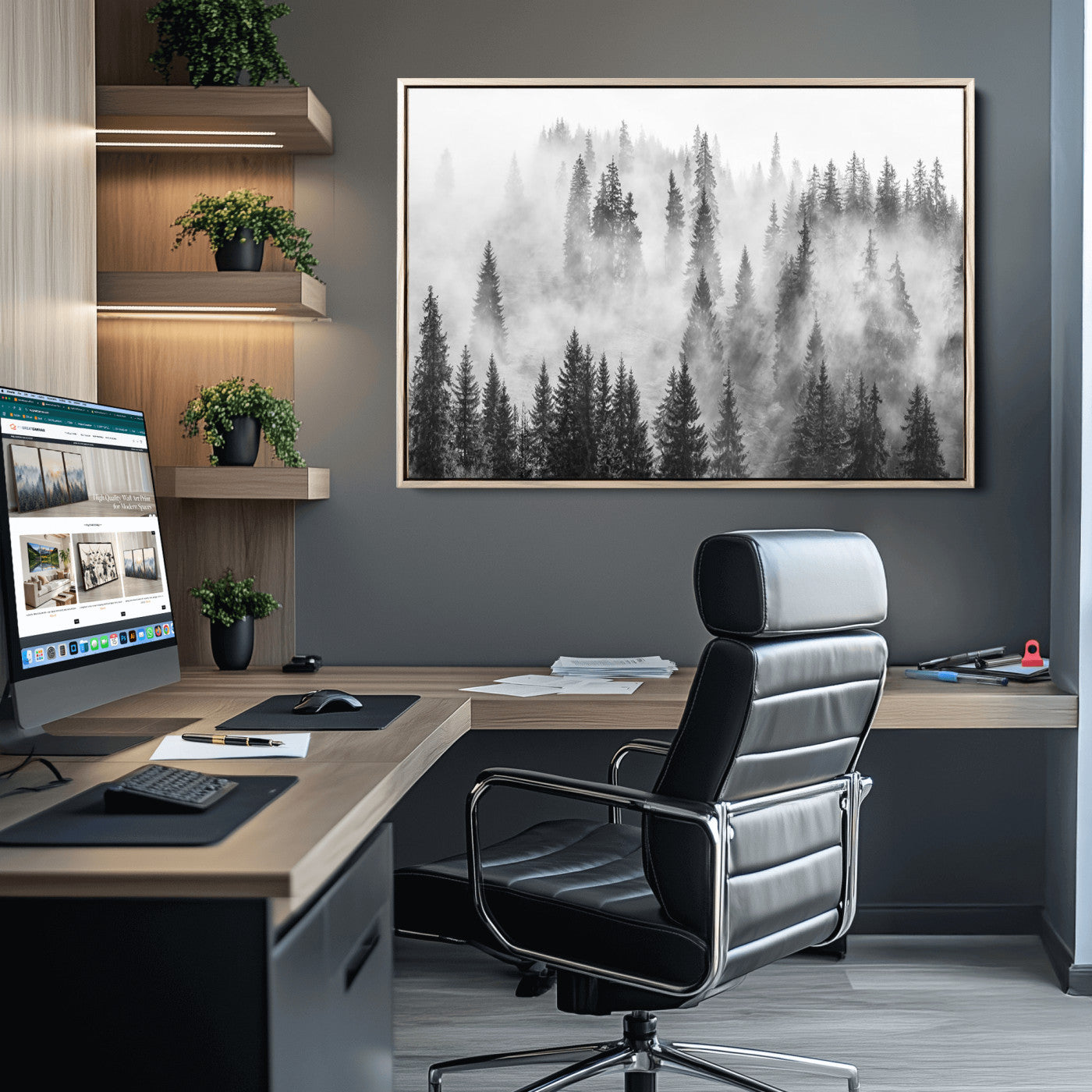 10422-MGV-CV-36X24-Forest Wall Art Print | Foggy Pine Forest Canvas Wall Art - Black and White Nature Decor for Living Room