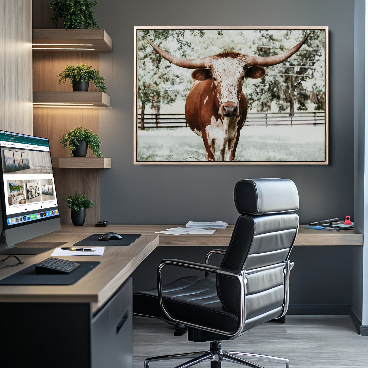 54757537-MGV-CV-36X24-Texas Longhorn Wall Art Canvas Print, Framed Spotted Cow Art Picture Print, Horned Cattle Perfect Rustic Western Decor Artwork