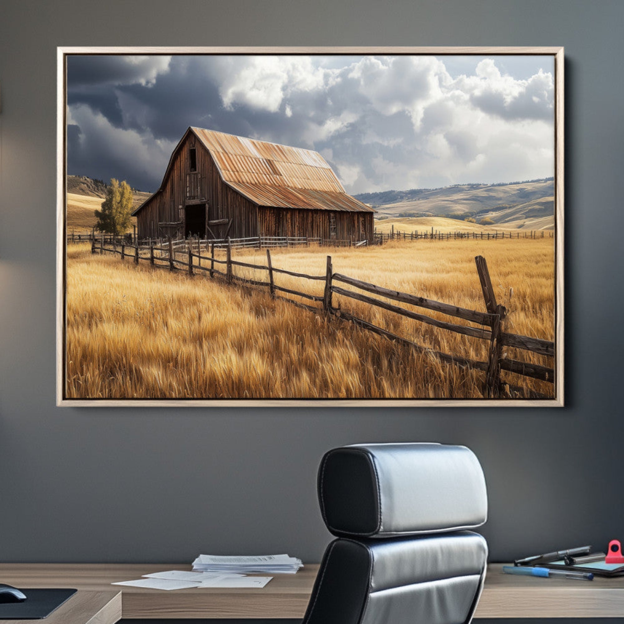 38758826-MGV-CV-36X24-Rustic Barn Wall Art Canvas Print – Framed Moody Barn Golden Field Countryside Farmhouse Landscape Artwork for Home Office