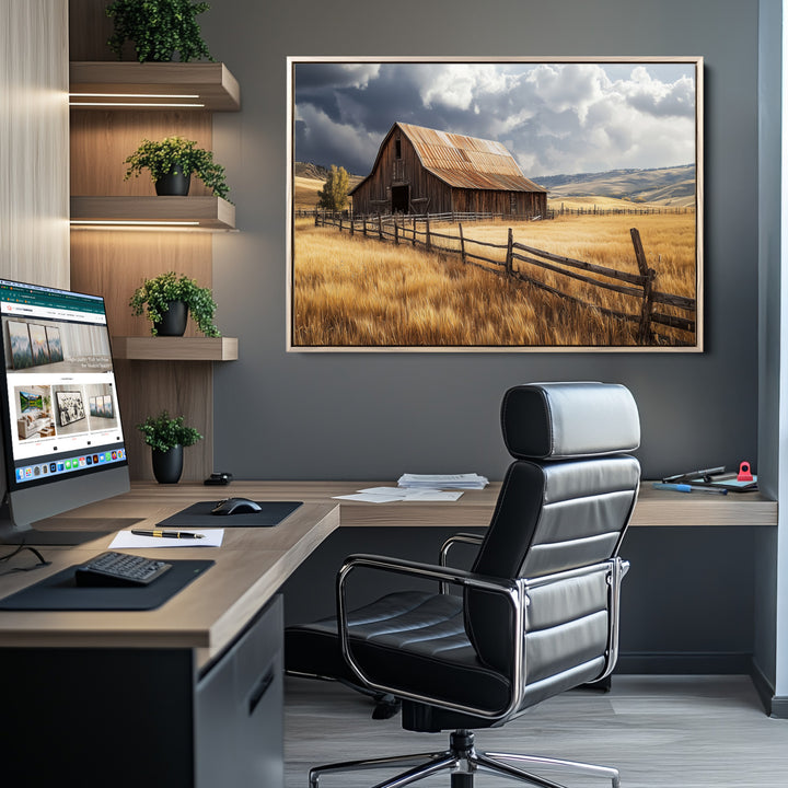 Rustic Barn Wall Art Canvas Print, Framed Moody Barn Art Picture Print, Golden Field Perfect Rustic Farmhouse Decor