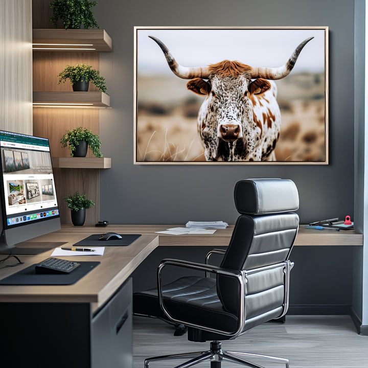 Texas Longhorn Wall Art Canvas Print, Framed Spotted Cow Art Picture Print, Horned Cattle Perfect Rustic Western Decor Artwork