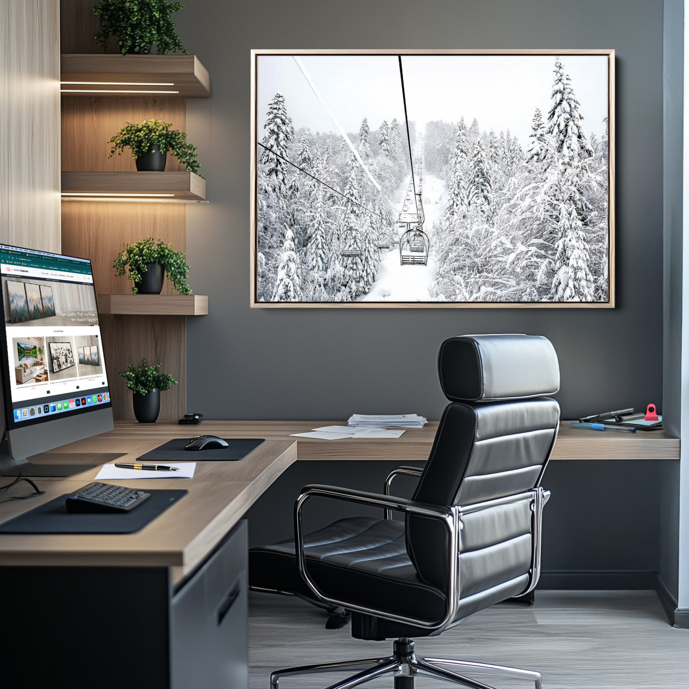 Snowy Mountains Wall Art Canvas Print, Framed Ski Lift Art Picture Print, Winter Forest Perfect Winter Minimalist Decor, Ski Lift Canvas