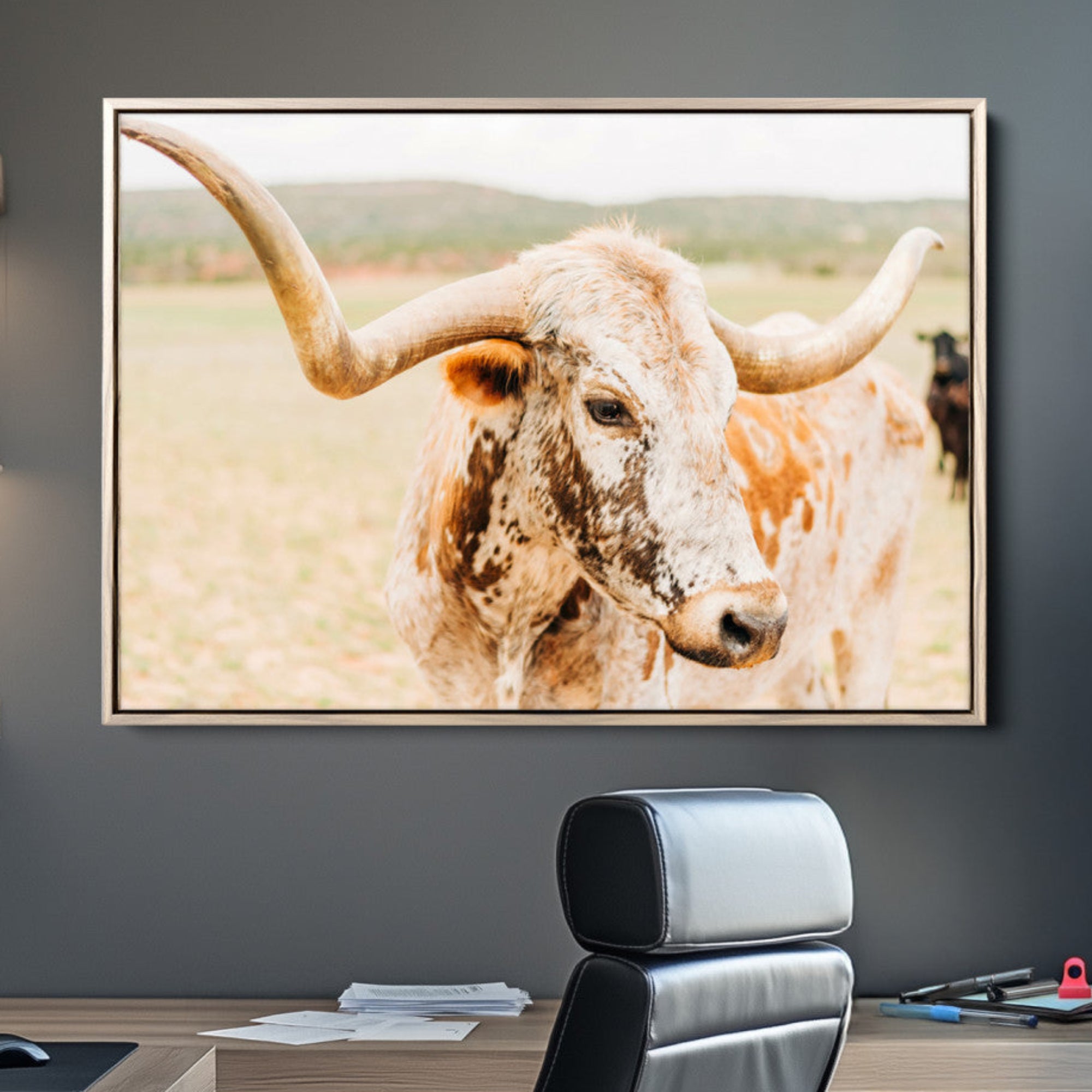 21060648-MGV-CV-36X24-Texas Longhorn Wall Art Canvas Print – Framed Speckled Cow Rustic Bull Western Farmhouse Animal Artwork for Home Office