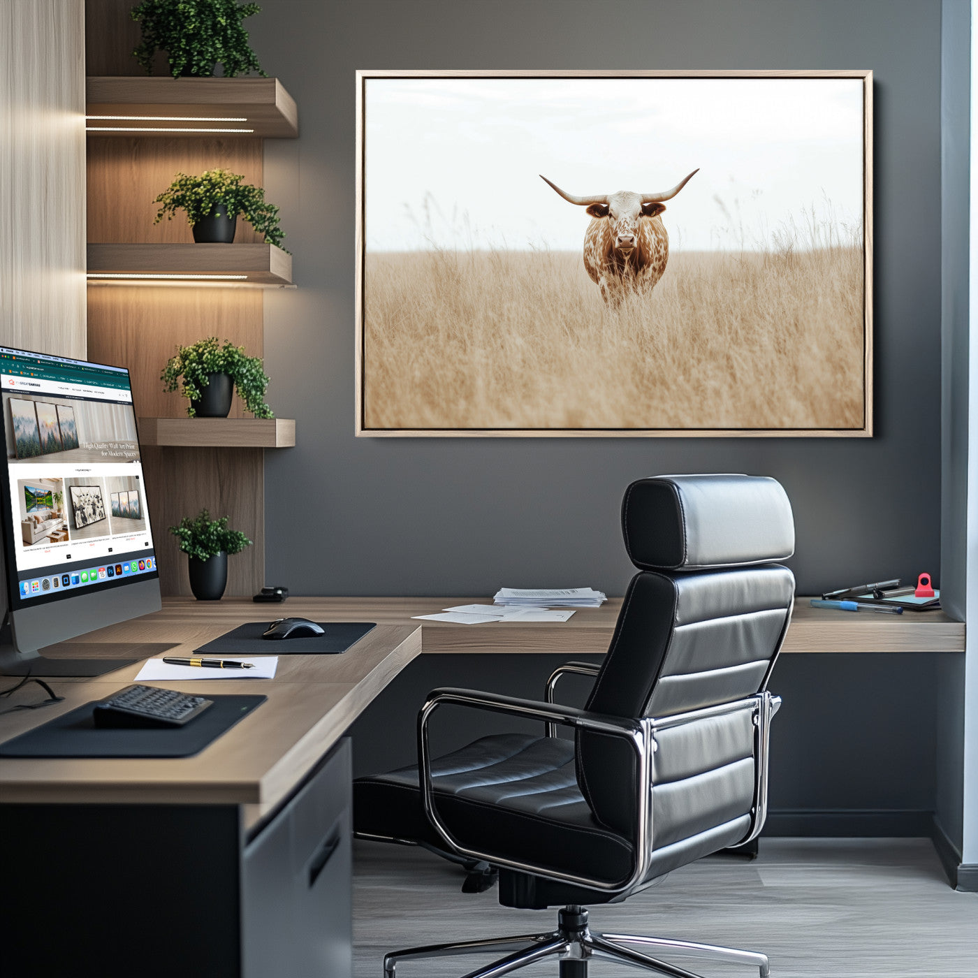 Texas Longhorn bull standing alone in dry grass with neutral tones, ideal for rustic western or cowboy-themed wall decor.