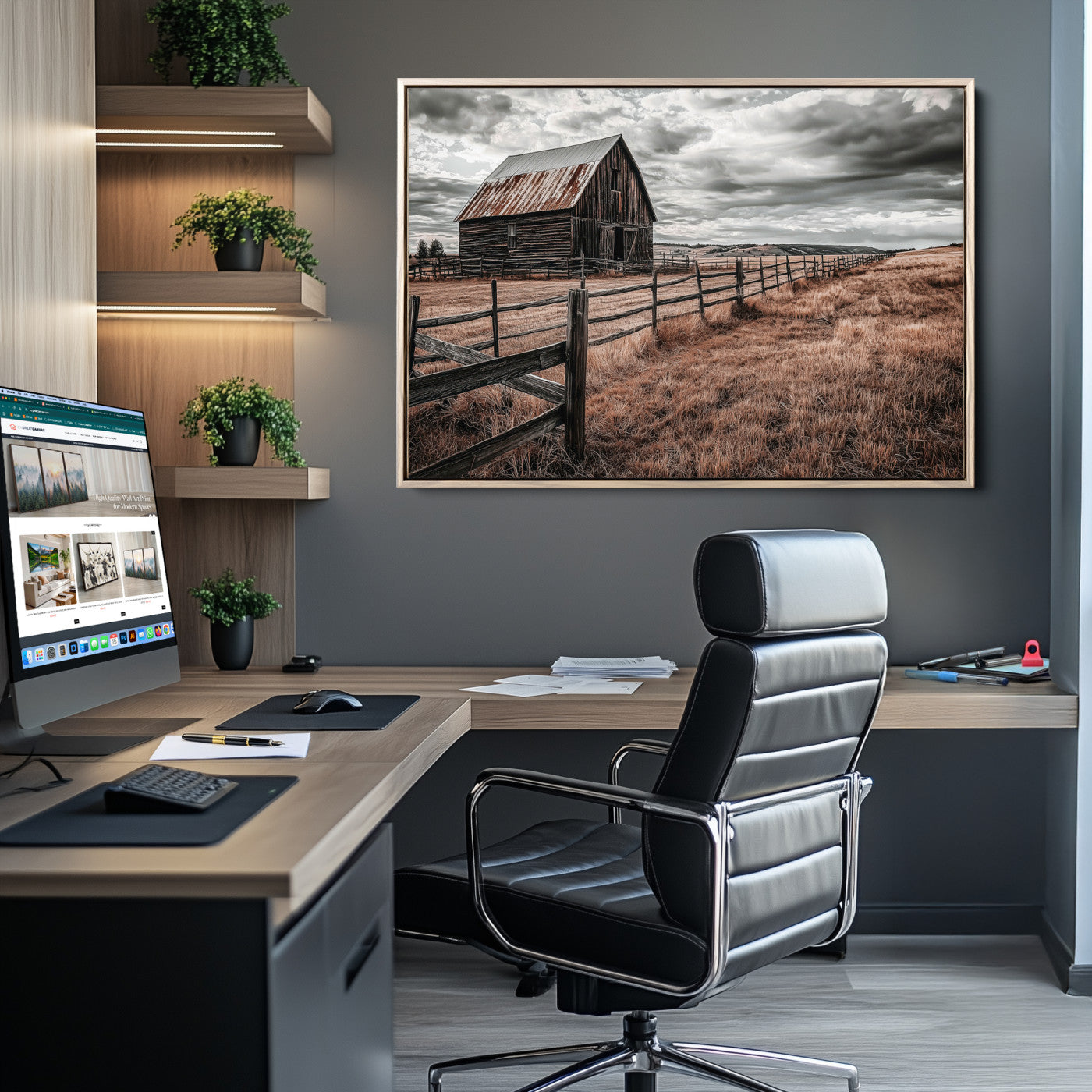 Framed canvas of a rustic barn under a moody sky with weathered fence and dark fields, ideal for farmhouse or rural-style wall decor.