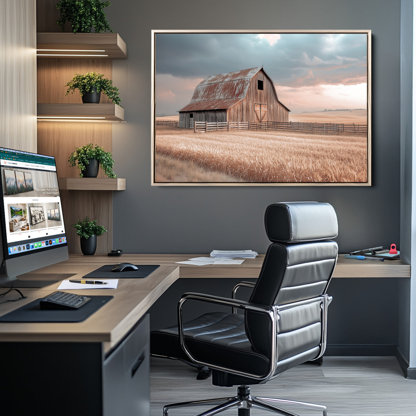 Framed canvas of a rustic barn in a golden wheat field under soft skies, ideal for vintage farmhouse or country-style wall decor.