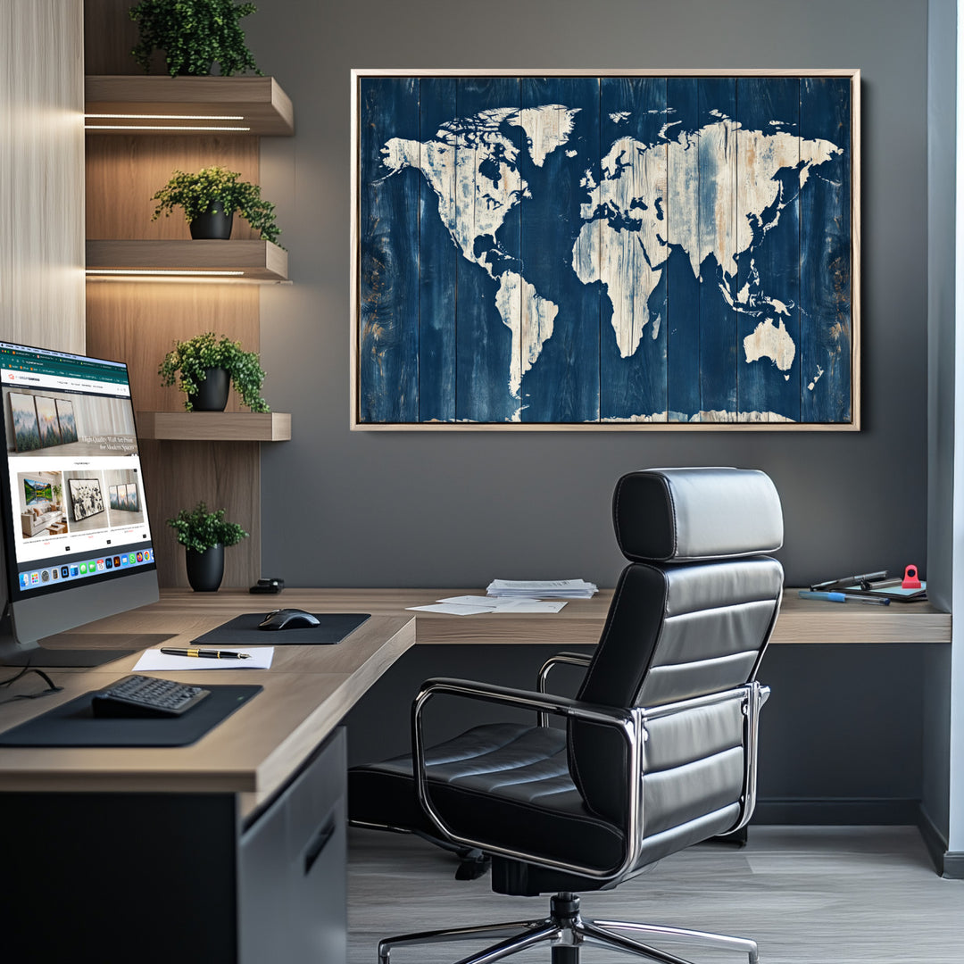 World Map Wall Art Canvas Print, Rustic Map Print, Framed Wooden World Map Art Print, Large Antique Map Decor Printing Perfect for Vintage Decor