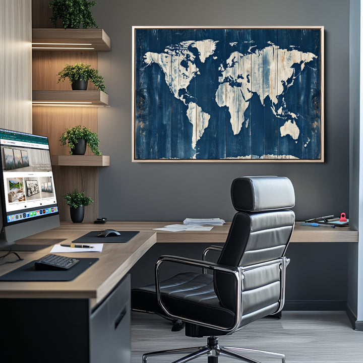 World Map Wall Art Canvas Print, Rustic Map Print, Framed Wooden World Map Art Print, Large Antique Map Decor Printing Perfect for Vintage Decor