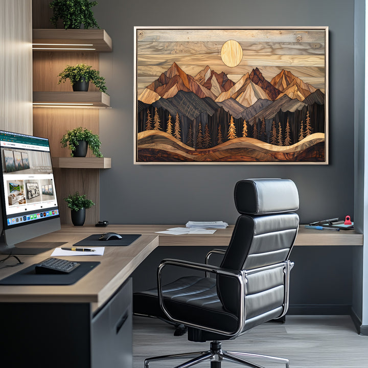 Wood Mountain Wall Art Canvas Print, Framed Boho Wood Art Print, Abstract Woodland Farmhouse Decor