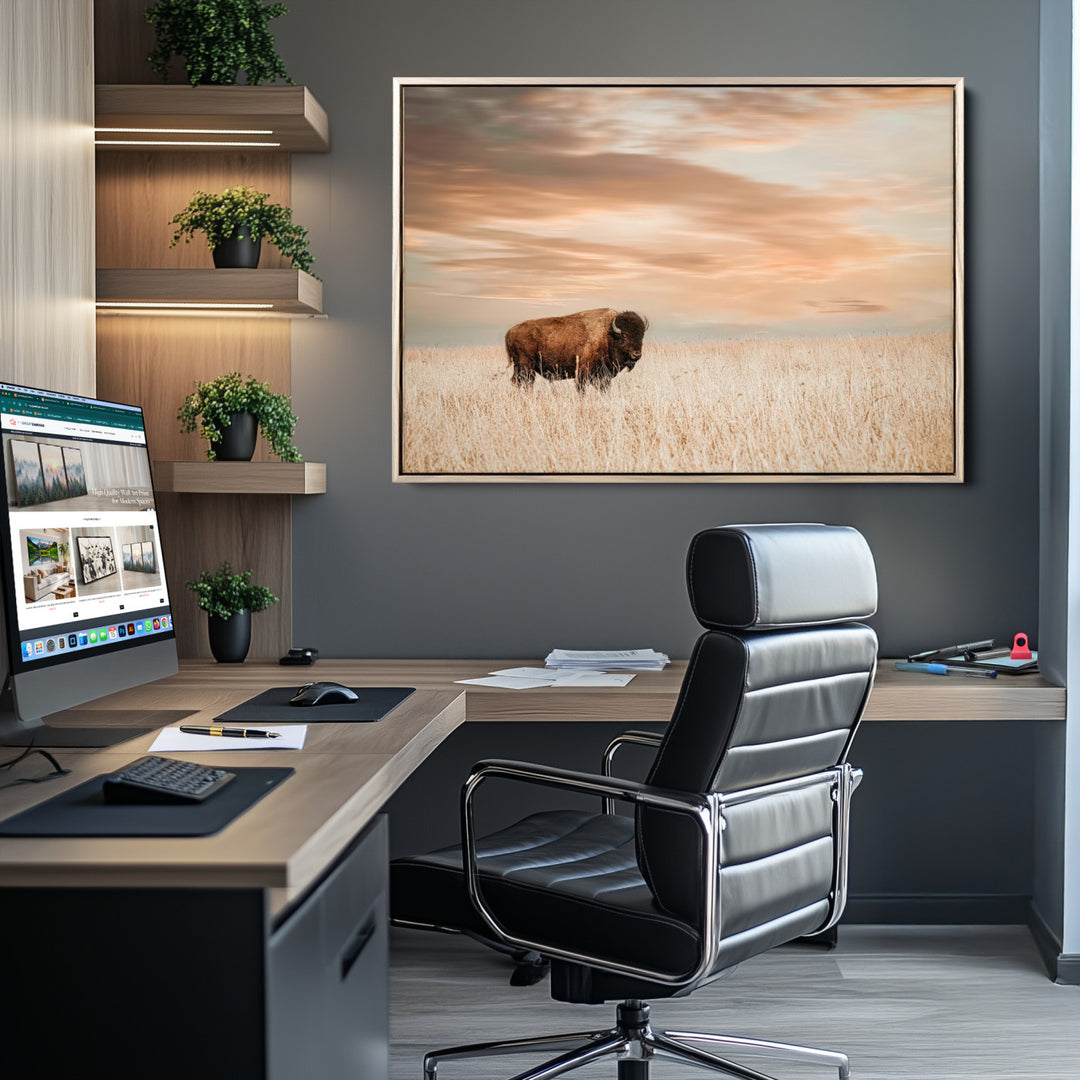 Bison Wall Art Canvas Print, Buffalo Print, Framed Western Prairie Art Print, Large Rustic Wildlife Printing Perfect for Rustic Decor