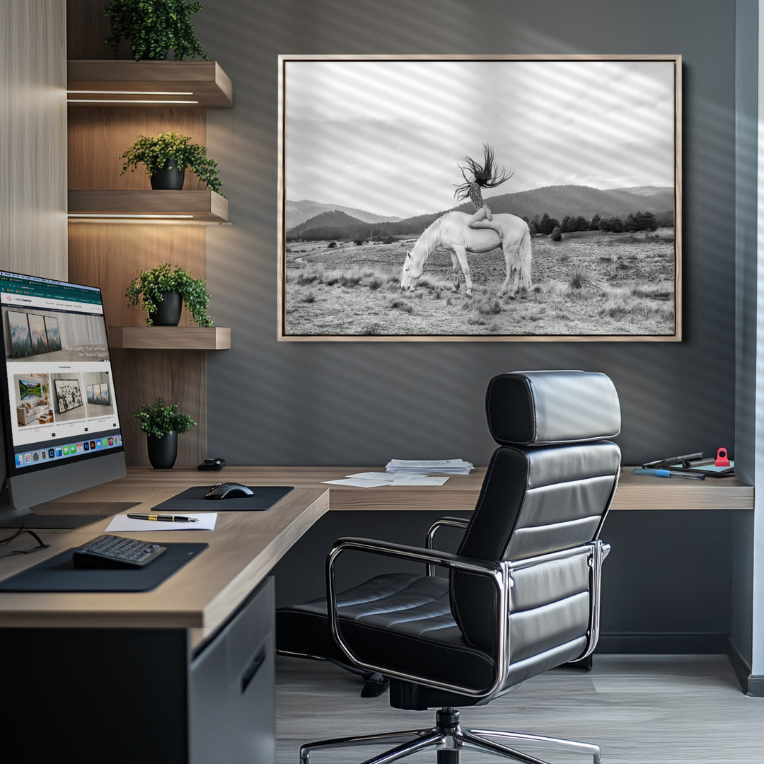 White Horse Wall Art Canvas Print, Woman Rider Print, Framed Equestrian Pose Art Print, Large Grazing Horse Printing Western Boho
