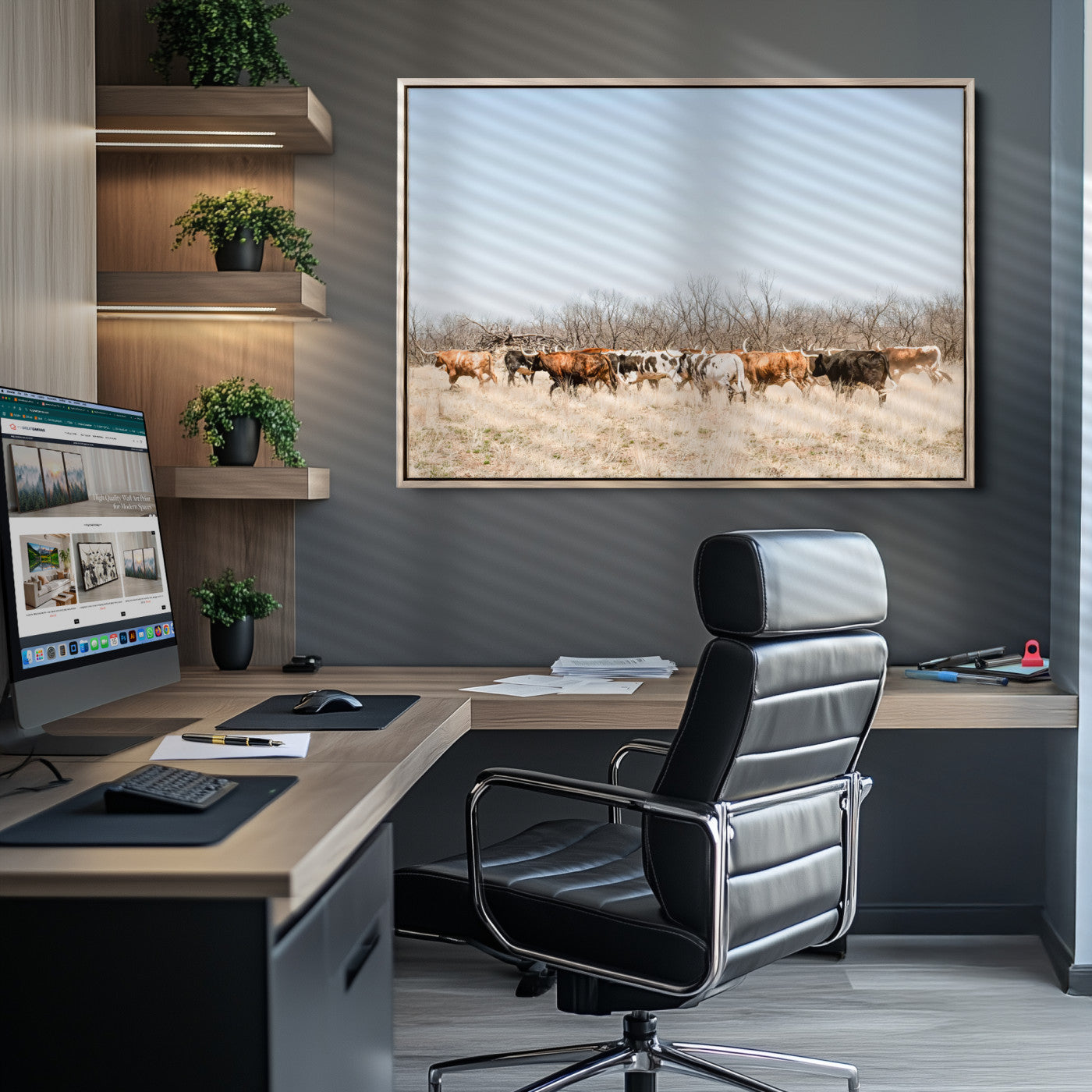 Texas Longhorns Wall Art Canvas Print, Western Cattles Print Wall Art, Framed Rustic Herd Art Print, Large Country Cows Printing Rustic