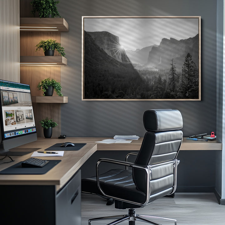 Yosemite Valley Wall Art Canvas Print, Framed El Capitan Sunrise Print, Framed Misty Mountain Art Print, Large Monochrome Valley Printing