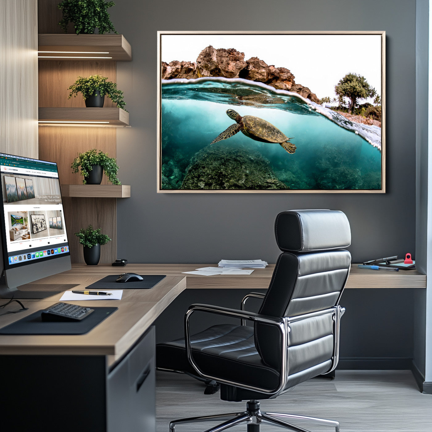 44200301-MGV-CV-36X24-Sea Turtle Wall Art Canvas Print, Framed Ocean Life Art Picture Print, Tropical Perfect Coastal Decor