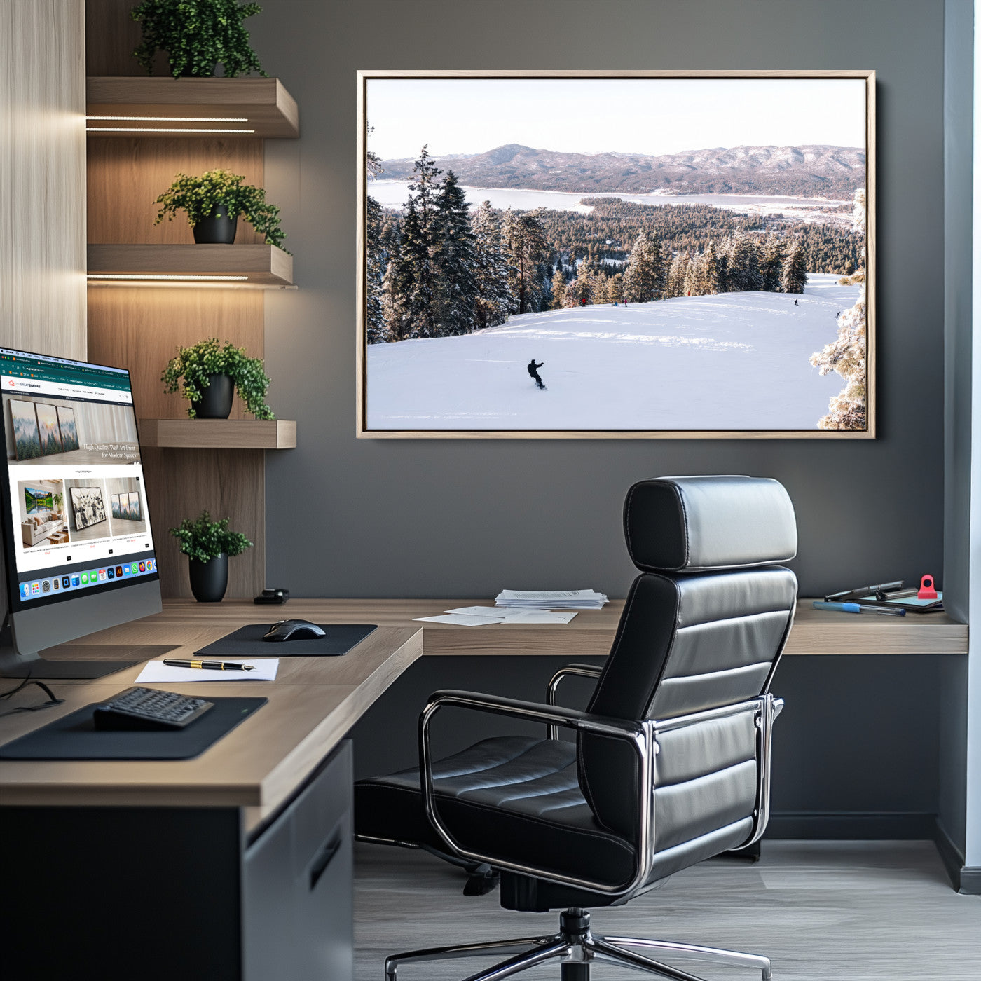 79857868-MGV-CV-36X24-Snowy Mountain Wall Art Canvas Print, Framed Ski Slope Art Picture Print, Winter Forest Perfect Rustic Decor, Framed Ski Slope Canvas