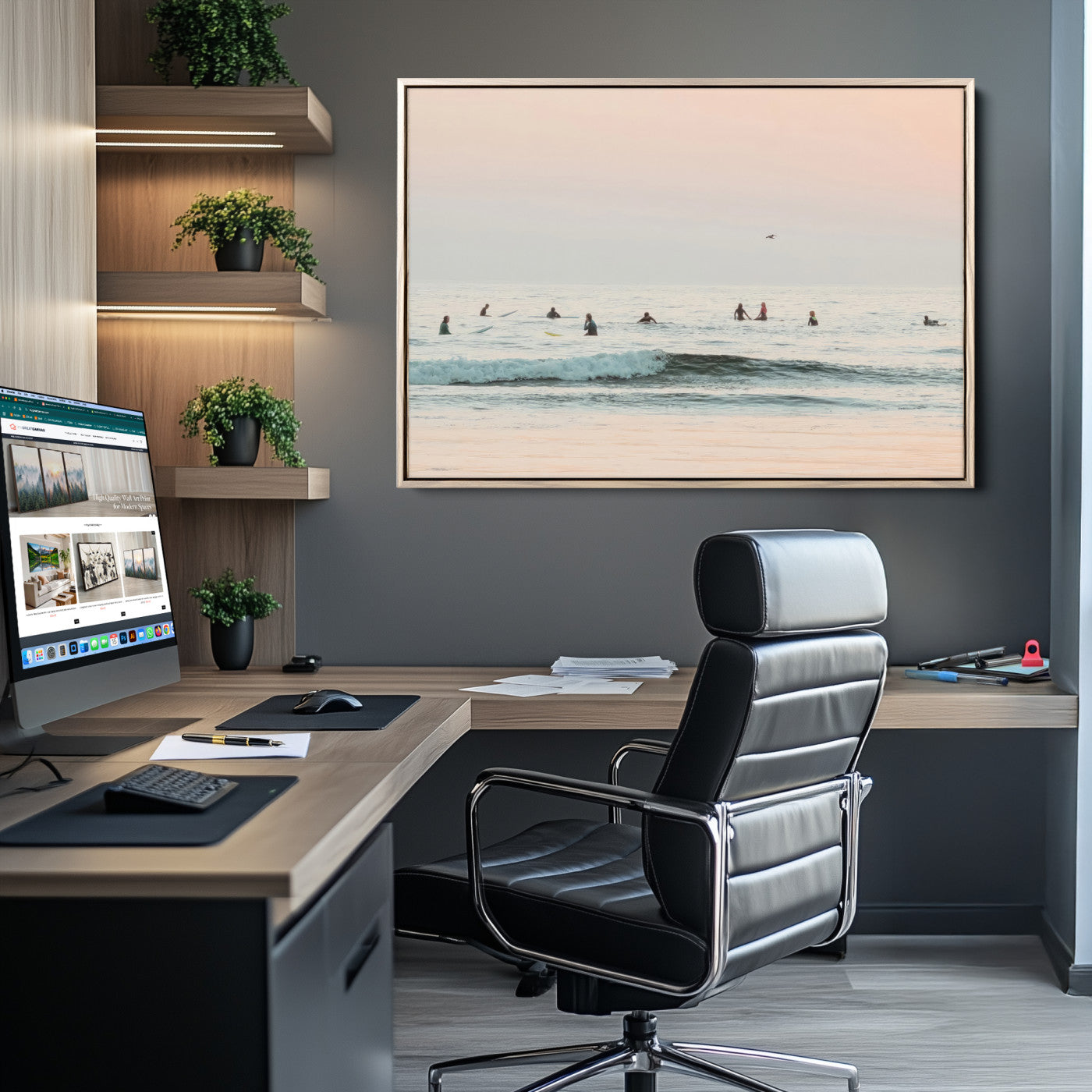 98888919-MGV-CV-36X24-Pastel Ocean Wall Art Canvas Print, Framed Soft Sunset Art Picture Print, Calm Sea Perfect minimalist Decor