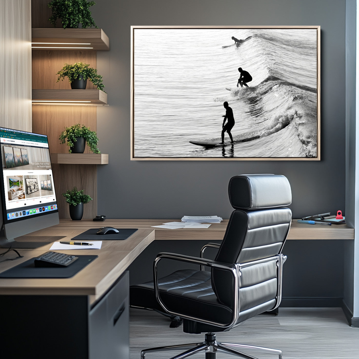 19875284-MGV-CV-36X24-Surfers on Waves Wall Art Canvas Print, Framed Black White Surf Art Picture Print, Monochrome Ocean Perfect Modern Coastal Decor, Surfers on