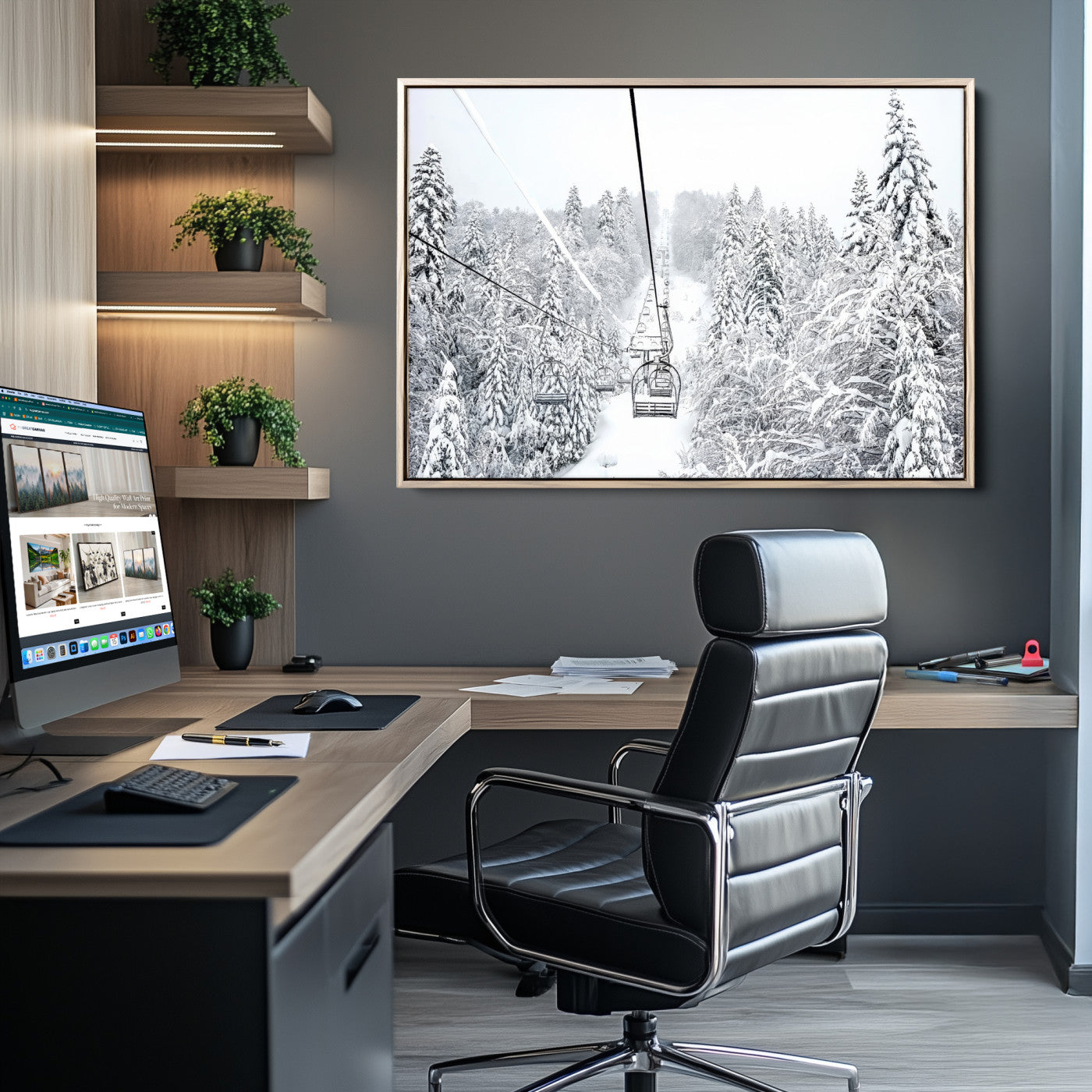 Winter Forest Wall Art Canvas Print, Framed Snowy Forest Art Picture Print, Winter Ski Lift Perfect Scandinavian Minimalist 3/3 Decor