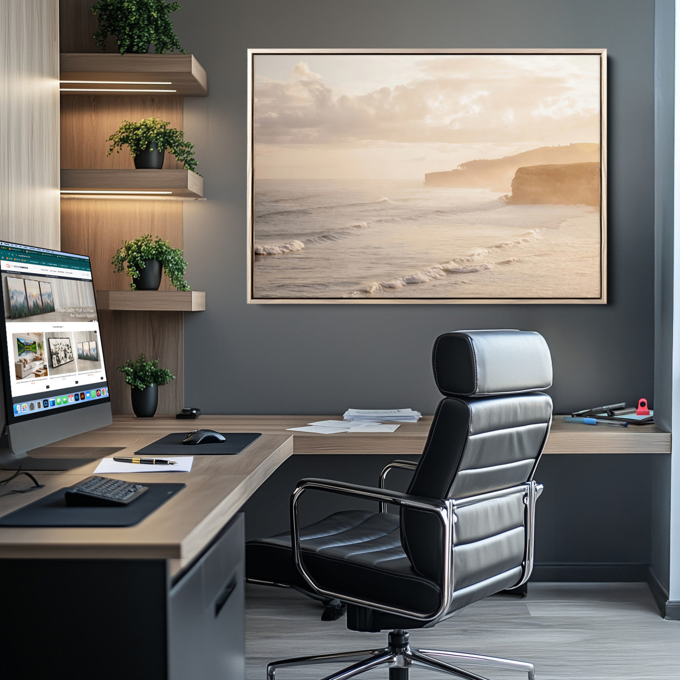 Golden hour seascape with misty cliffs and gentle waves rolling towards the shore, capturing a tranquil and warm coastal atmosphere.