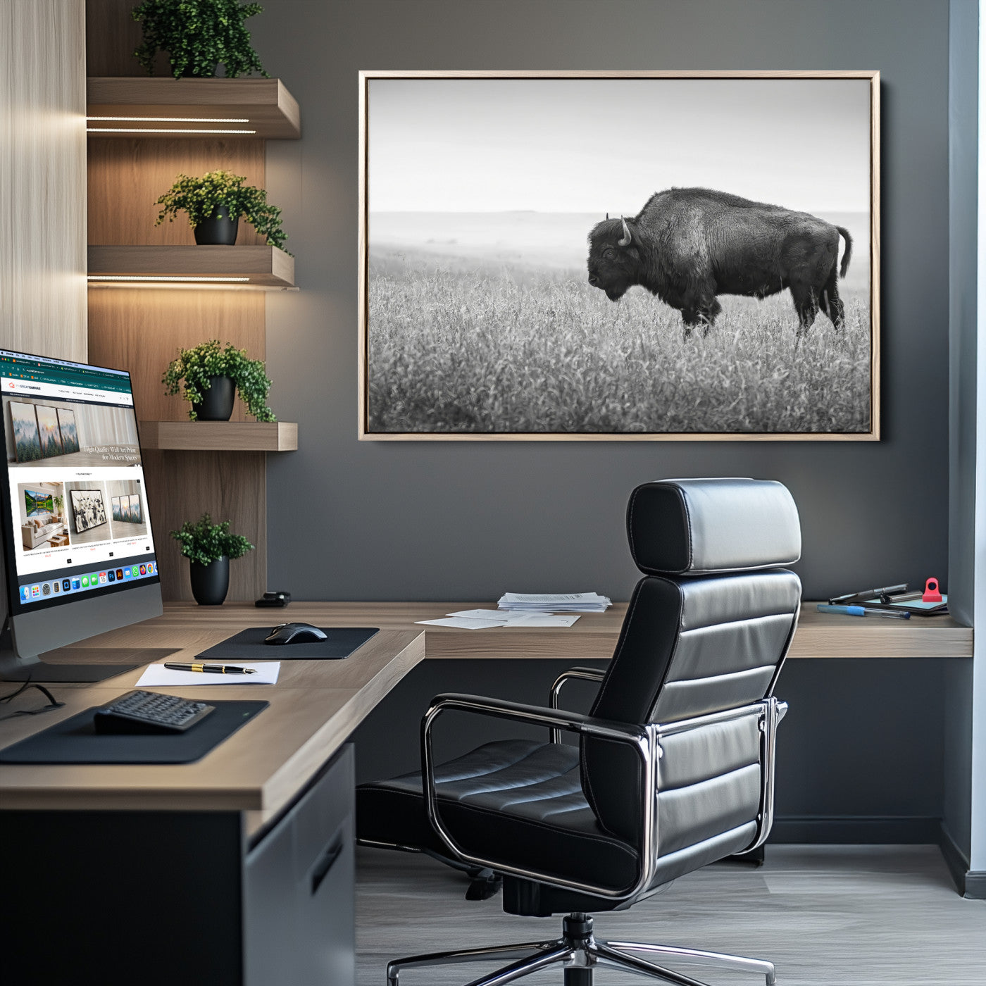 A black and white photograph of a majestic bison standing in a vast grassy prairie, evoking a sense of wilderness and strength.