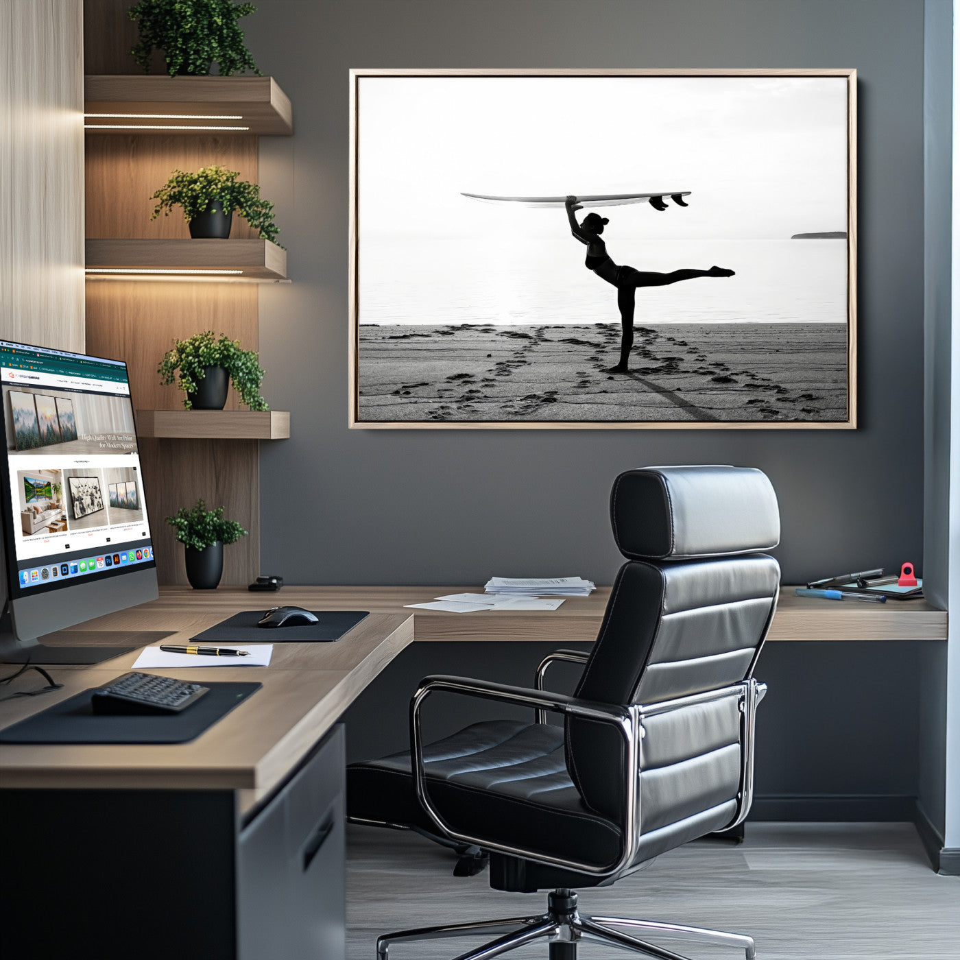 A woman balances a surfboard on her head while striking a yoga pose on the beach, silhouetted against a calm ocean horizon.