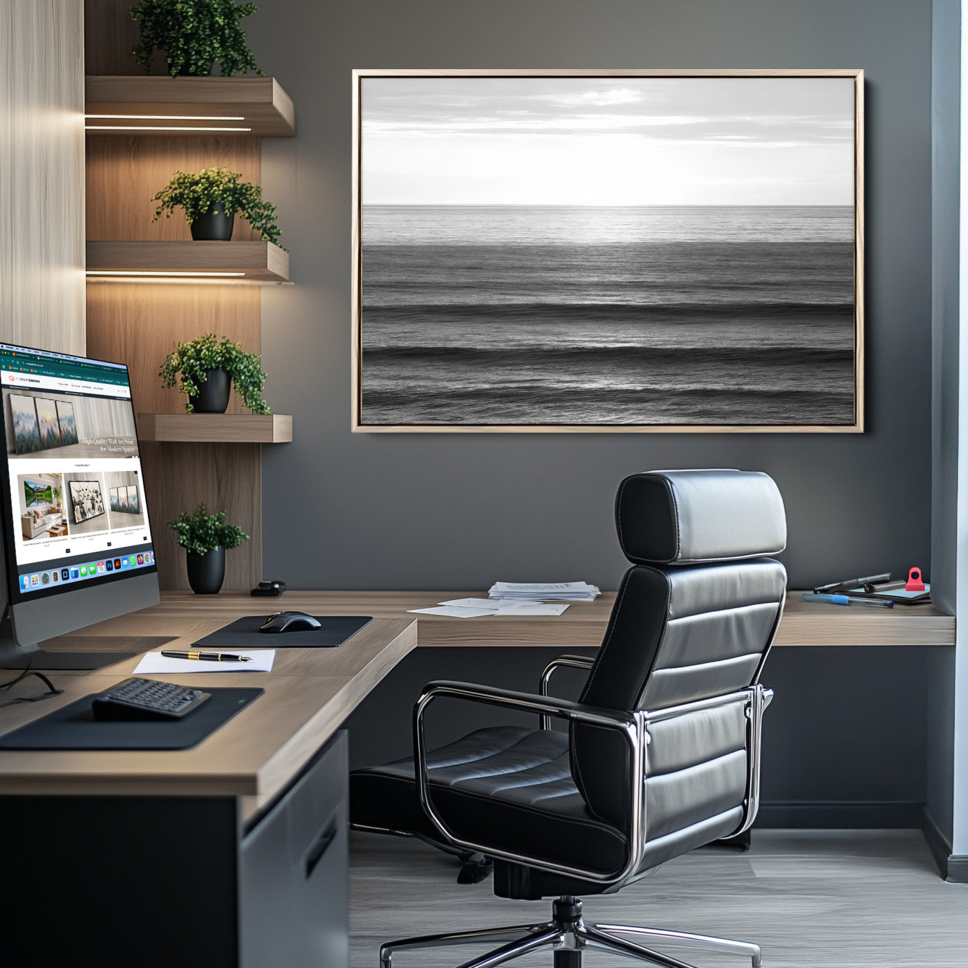 Minimalist black and white ocean view with layered waves reflecting sunlight, evoking a sense of calm and coastal serenity.