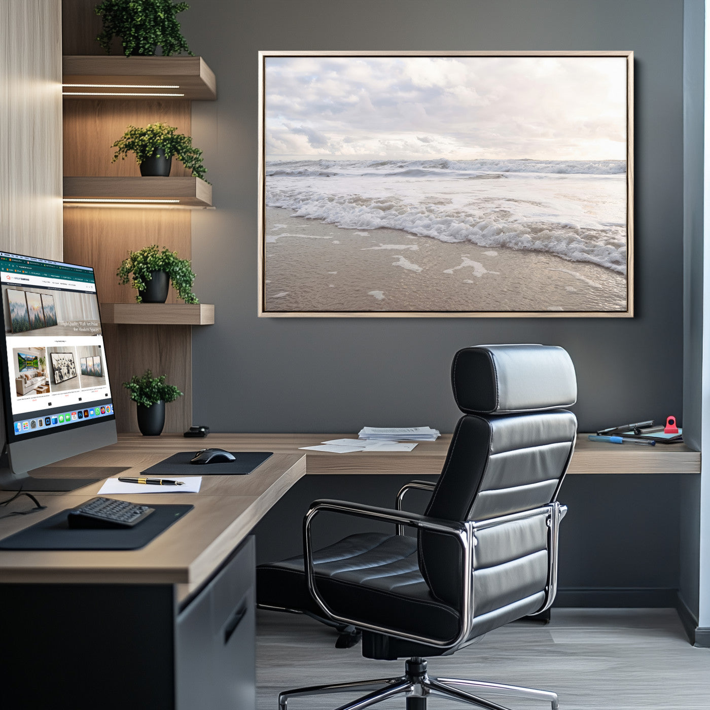 Peaceful ocean waves rolling onto the sandy shore under soft light, perfect for neutral or coastal minimalist decor themes.