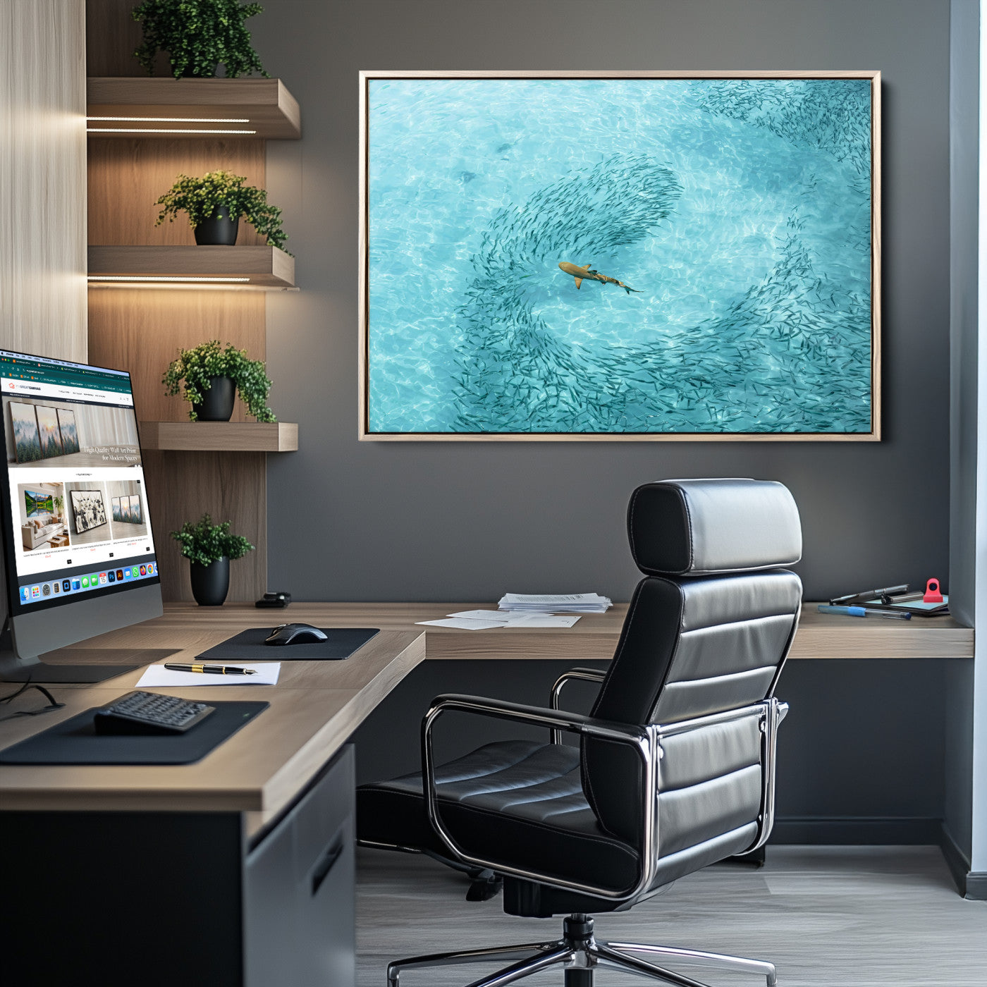 Aerial view of a shark swimming through a swirl of fish in clear turquoise waters, perfect for calm coastal or beach house decor.